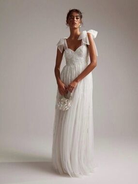 ASOS DESIGN Mila Floral Embellished Mesh Wedding Dress with Tie Straps in Ivory
